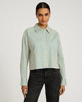 Express Women's Stretch Cotton Poplin Striped Cropped Shirt in Green Stripe