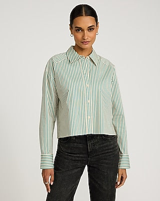 Express Women's Stretch Cotton Poplin Striped Cropped Shirt in Green Stripe