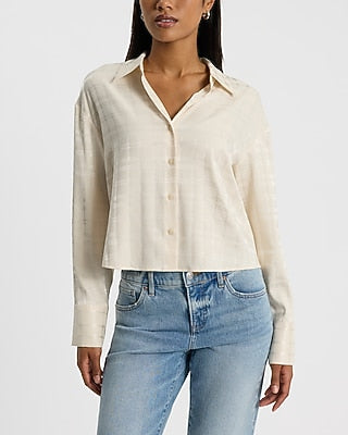 Express Women's Plaid Jacquard Cropped Shirt in Sandshell
