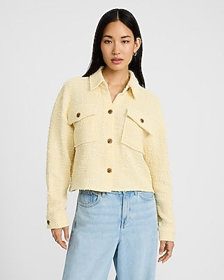 Express Women's Boucle Double Pocket Cropped Shacket in Yellow Small