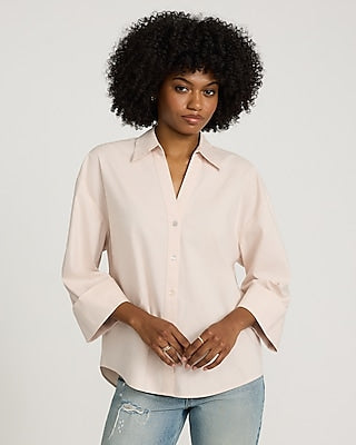 Express Women's Stretch Cotton Poplin Collared Wide Cuff Button Down Shirt in Light Pink