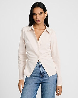 Express Women's Fitted Ruched Cutaway Shirt in Light Pink