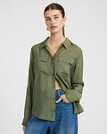Express Women's Crinkled Rayon Voile Rolled Sleeve Utility Portofino Shirt in Green Small