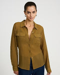 Express Women's Crinkled Rayon Voile Rolled Sleeve Utility Portofino Shirt in Brown Small