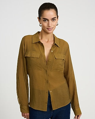 Express Women's Crinkled Rayon Voile Rolled Sleeve Utility Portofino Shirt in Brown Small