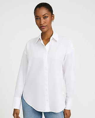 Express Women's Cotton Oversized Cinch Sleeve Shirt in Neutral Stripe