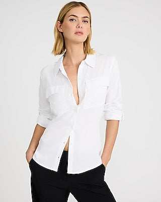 Express Women's Twill Double Flap Pocket Rolled Sleeve Utility Portofino Shirt in White Small