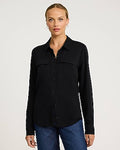 Express Women's Twill Double Flap Pocket Rolled Sleeve Utility Portofino Shirt in Black Small