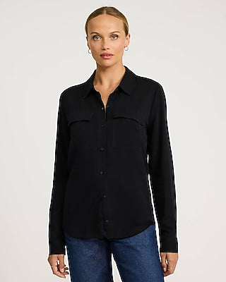 Express Women's Twill Double Flap Pocket Rolled Sleeve Utility Portofino Shirt in Black Small