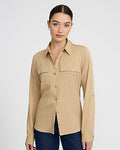 Express Women's Twill Double Flap Pocket Rolled Sleeve Utility Portofino Shirt in Brown Small