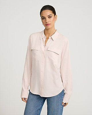 Express Women's Twill Double Flap Pocket Rolled Sleeve Utility Portofino Shirt in Light Pink