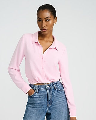 Express Women's Long Sleeve Tuck Front Shirt in Pink Small