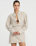 Express Women's Striped Seersucker Balloon Sleeve Oversized Shirt in Neutral Small