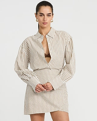 Express Women's Striped Seersucker Balloon Sleeve Oversized Shirt in Neutral Small