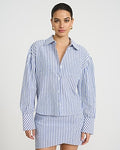 Express Women's Striped Seersucker Balloon Sleeve Oversized Shirt in Navy Stripe