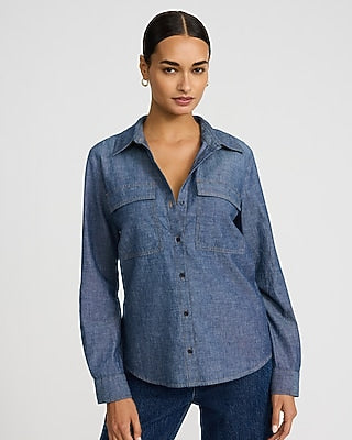 Express Women's Denim Double Flap Pocket Rolled Sleeve Utility Portofino Shirt in Blue Small