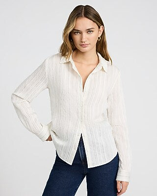 Express Women's Long Sleeve Textured Striped Portofino Shirt in Neutral Stripe