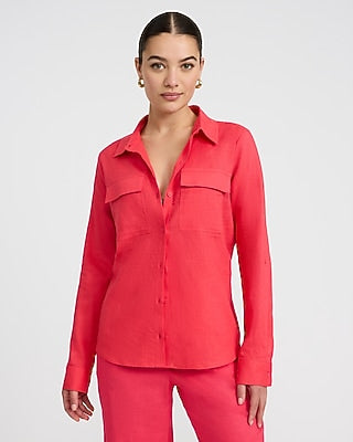 Express Women's Summer-Blend Linen Double Flap Pocket Utility Portofino Shirt in Pink Small