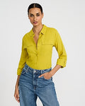 Express Women's Summer-Blend Linen Double Flap Pocket Utility Portofino Shirt in Green Small