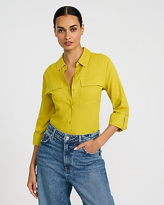 Express Women's Summer-Blend Linen Double Flap Pocket Utility Portofino Shirt in Green Small