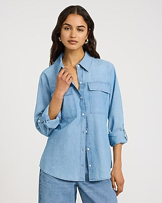 Express Women's Denim Double Flap Pocket Rolled Sleeve Utility Portofino Shirt in Medium Wash