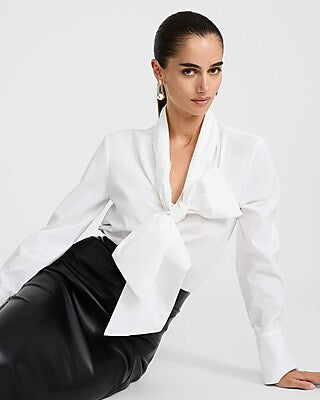 Express Women's Stretch Cotton Poplin Drop Tie Neck Oversized Shirt in White