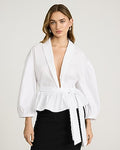 Express Women's Stretch Cotton Poplin Tie Waist Peplum Top in White Small