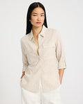Express Women's Summer-Blend Linen Striped Rolled Sleeve Utility Portofino Shirt in Neutral Small