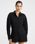Express Women's Summer-Blend Linen Long Balloon Sleeve Oversized Shirt in Black Small