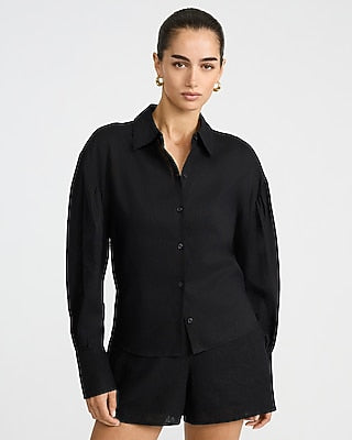 Express Women's Summer-Blend Linen Long Balloon Sleeve Oversized Shirt in Black Small