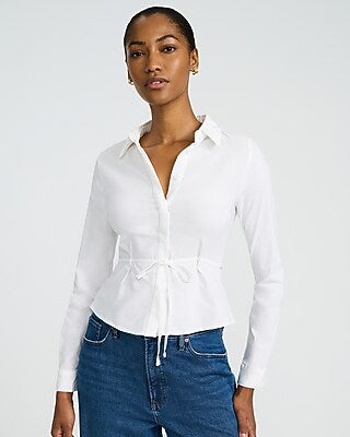 Express Women's Long Sleeve Tie Waist Fitted Shirt in White Small