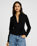 Express Women's Long Sleeve Tie Waist Fitted Shirt in Pitch Black