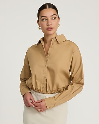 Express Women's Cotton Long Sleeve Bubble Hem Shirt in Pecan