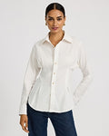 Express Women's Stretch Cotton Poplin Gold Button Front Hourglass Shirt in White