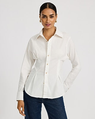 Express Women's Stretch Cotton Poplin Gold Button Front Hourglass Shirt in White Small