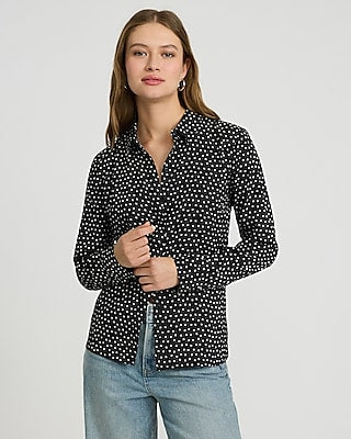 Express Women's Georgette Polka Dot Portofino Shirt in Black Print
