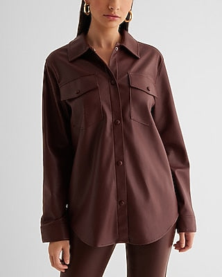 Express Women's Faux Leather Drop Shoulder Oversized Shacket in Rich Mocha