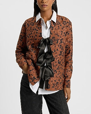 Express Women's Printed Quilted Bow Front Shacket in Neutral Print
