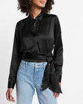 Express Women's Satin Tie Front Banded Bottom Portofino Shirt in Pitch Black