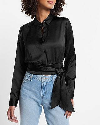 Express Women's Satin Tie Front Banded Bottom Portofino Shirt in Pitch Black
