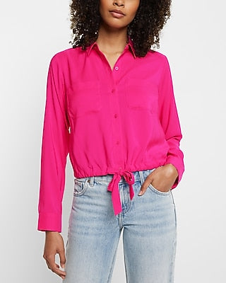 Express Women's Relaxed Cinched Tie Bottom Portofino Shirt in Neon Berry