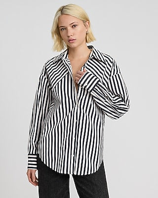 Express Women's Stretch Cotton Poplin Striped Boyfriend Shirt in B&w Print