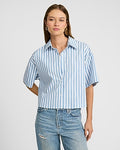 Express Women's Stretch Cotton Poplin Striped Short Sleeve Cropped Shirt in Navy Stripe