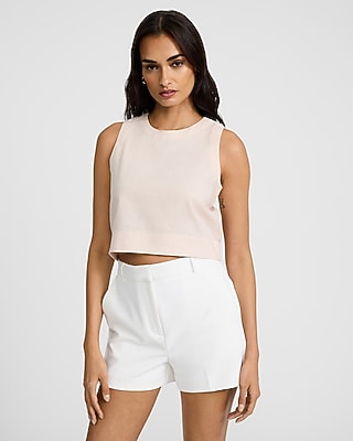 Express Women's Linen-Blend Crew Neck Button Back Tank Top in Light Pink
