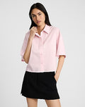 Express Women's Stretch Cotton Poplin Short Sleeve Cropped Shirt in Light Pink