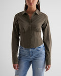 Express Women's Long Sleeve Button Up Corset Shirt in Olive