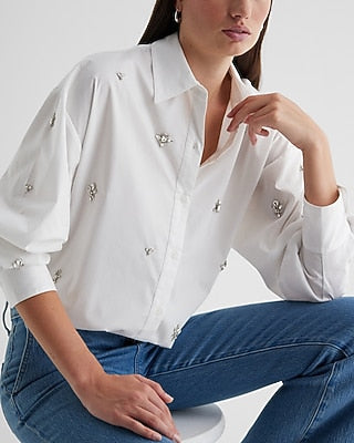 Express Women's Poplin Embellished Rhinestone Boyfriend Portofino Shirt in White