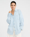Express Women's Striped Chest Pocket Oversized Shirt in Navy Stripe