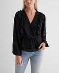 Express Women's V-Neck Faux Wrap Flutter Ruffle Peplum Top in Pitch Black