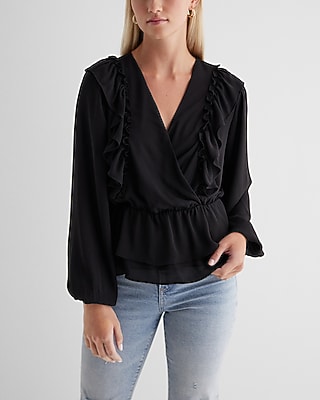 Express Women's V-Neck Faux Wrap Flutter Ruffle Peplum Top in Pitch Black